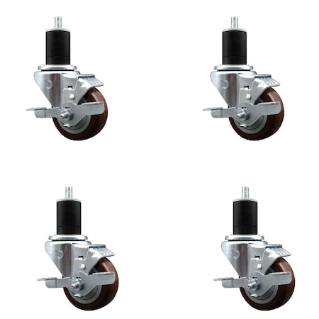 Service Caster 3'' Maroon Poly Swivel 1-3/4'' Expanding Stem Caster Set with Brake, 4PK SCC-EX20S314-PPUB-MRN-TLB-134-4